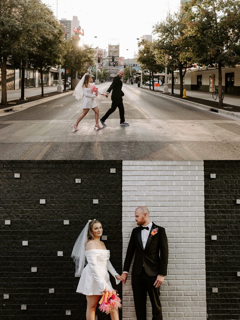 couple grosses street holding hands by Las Vegas elopement photographer