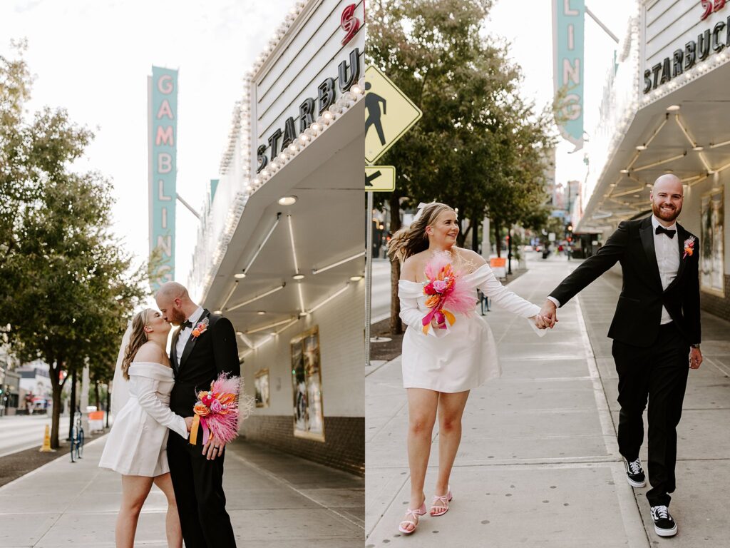 bride and groom walk down Fremont Street together by Katelyn Faye Photography