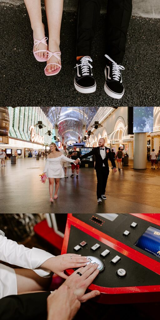 couple push button on slot machine by Las Vegas elopement photographer