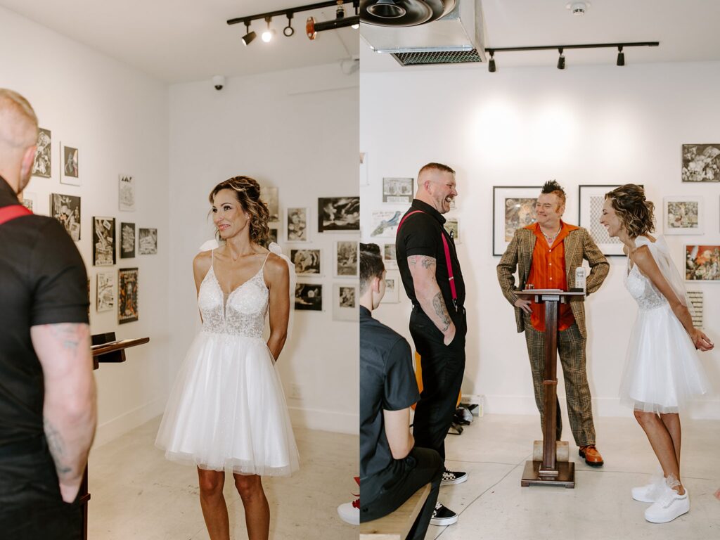 couple laughs during ceremony at Punk Rock Museum