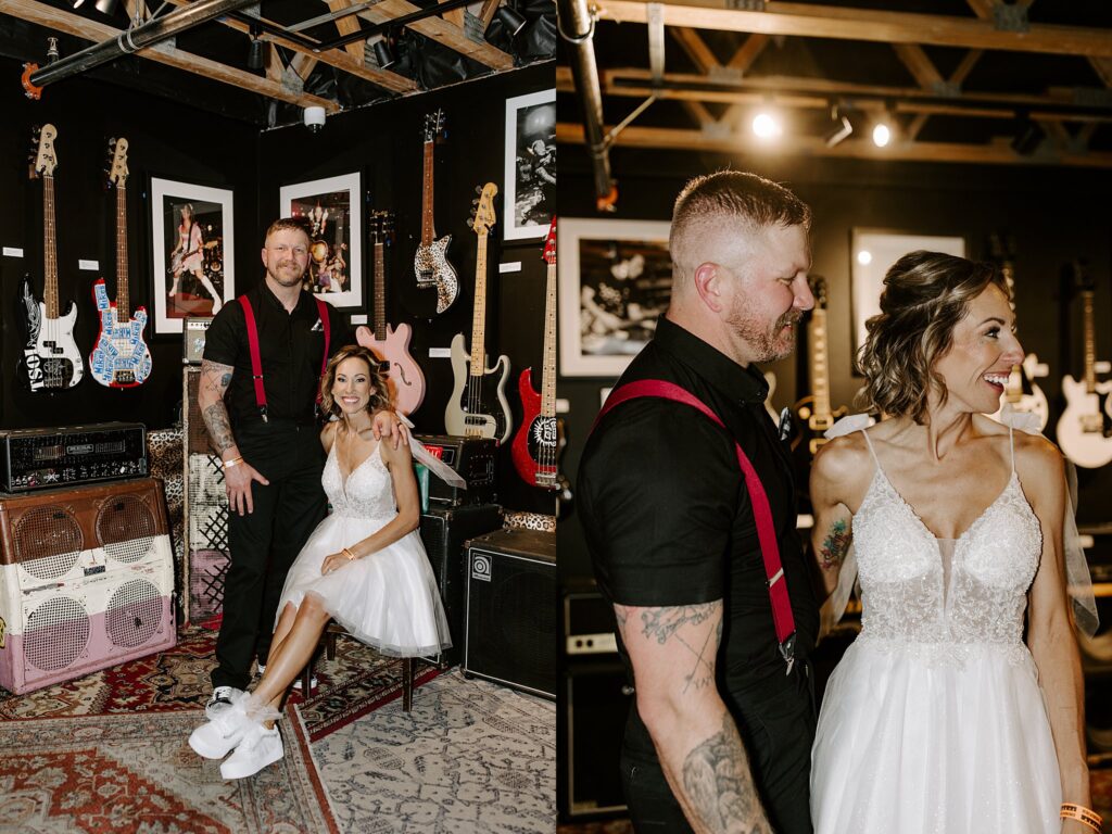 newlyweds smile among guitars at the Punk Rock Museum