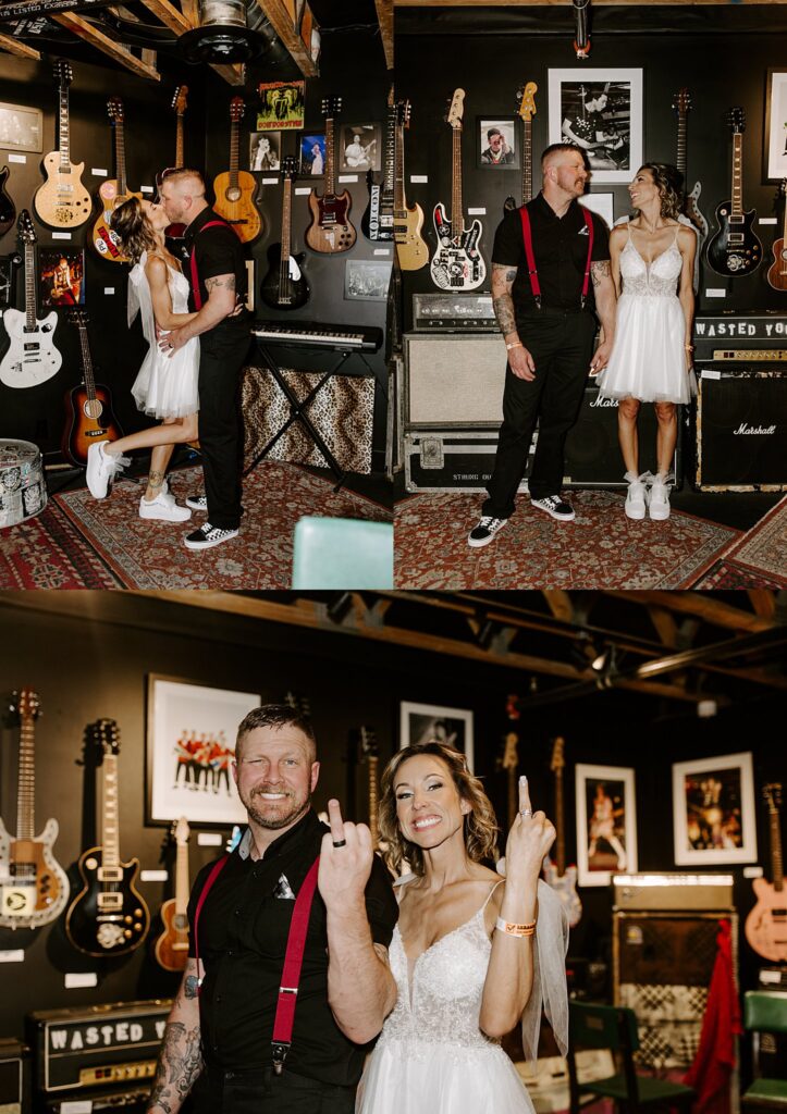 bride and groom kiss in guitar room by Katelyn Faye Photography 