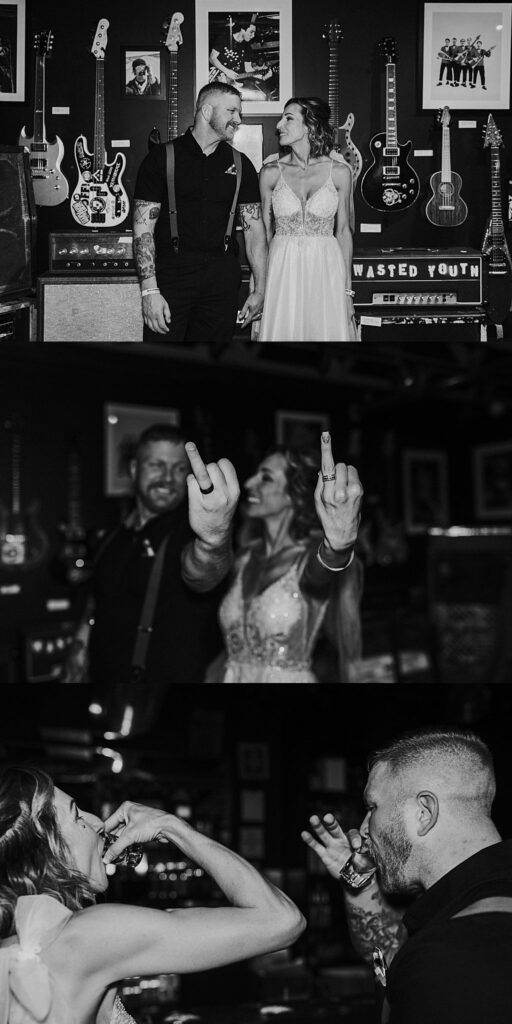 couple shows off wedding rings at the Punk Rock Museum