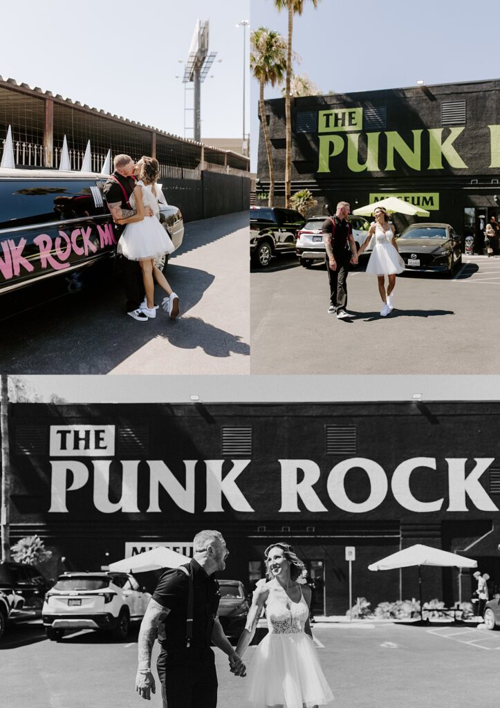 couple walks hand in hand in front of the Punk Rock Museum