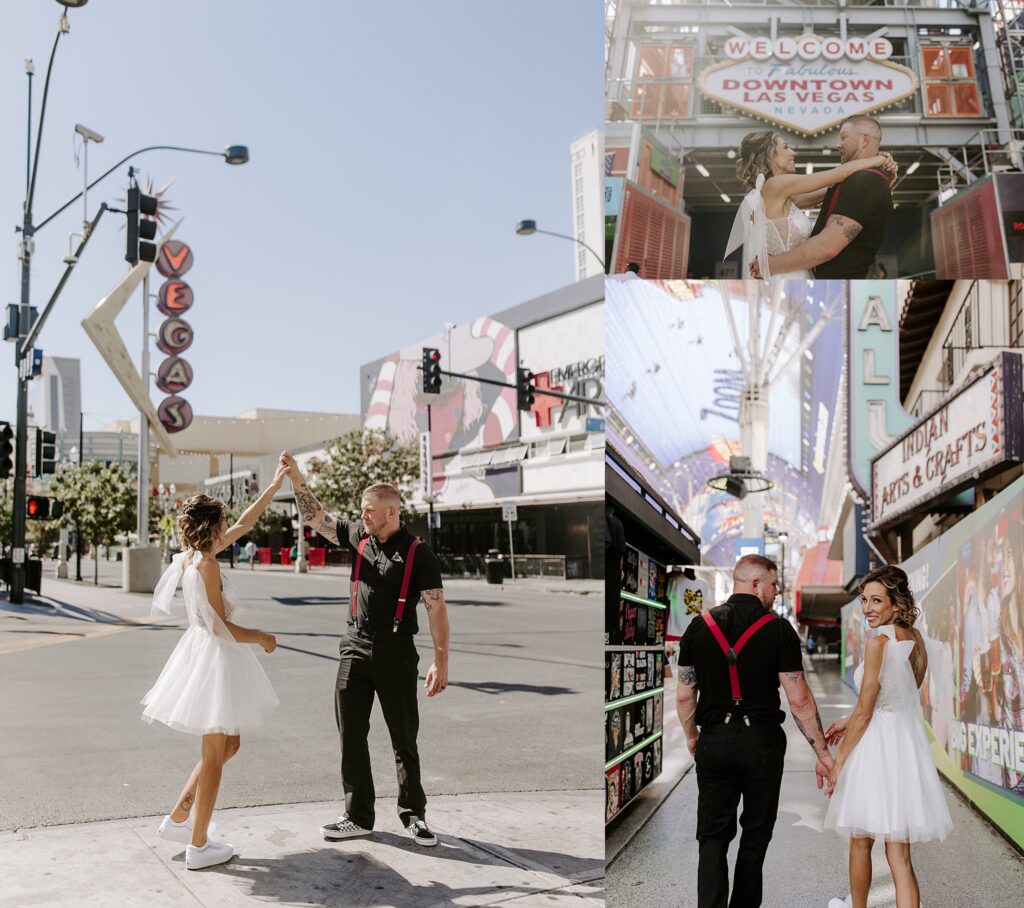 man spins new wife in front of Vegas sign by Katelyn Faye Photography 