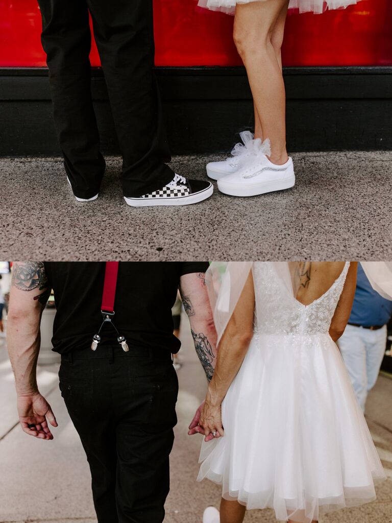 bride wears white vans and groom wears black and white checked vans by Katelyn Faye Photography 