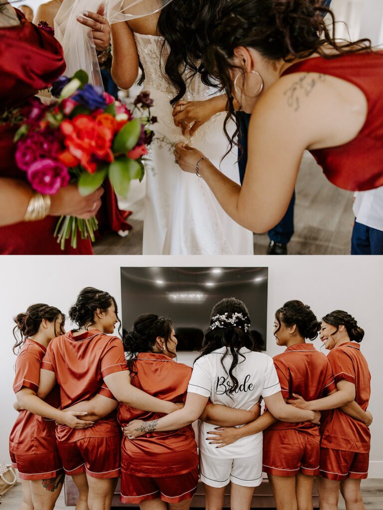 bridesmaids wrap arms around each other at colorful ceremony at Adorn