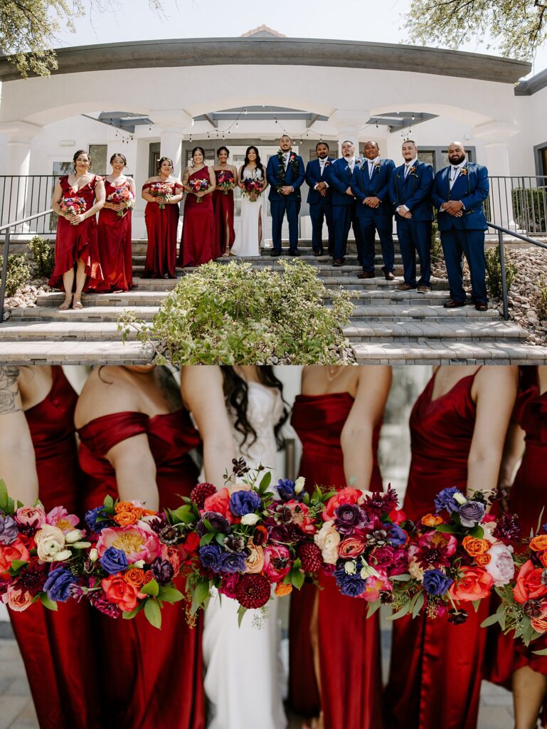 wedding party stands together around bride and groom by Katelyn Faye Photography