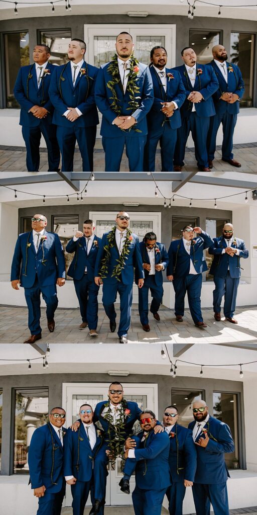 groomsmen wear matching blue suits and lei at colorful ceremony at Adorn