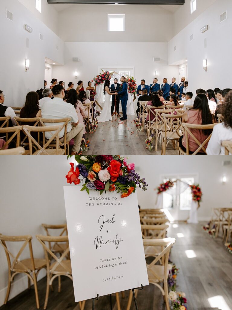 man and woman hold hands at the altar at colorful ceremony at Adorn