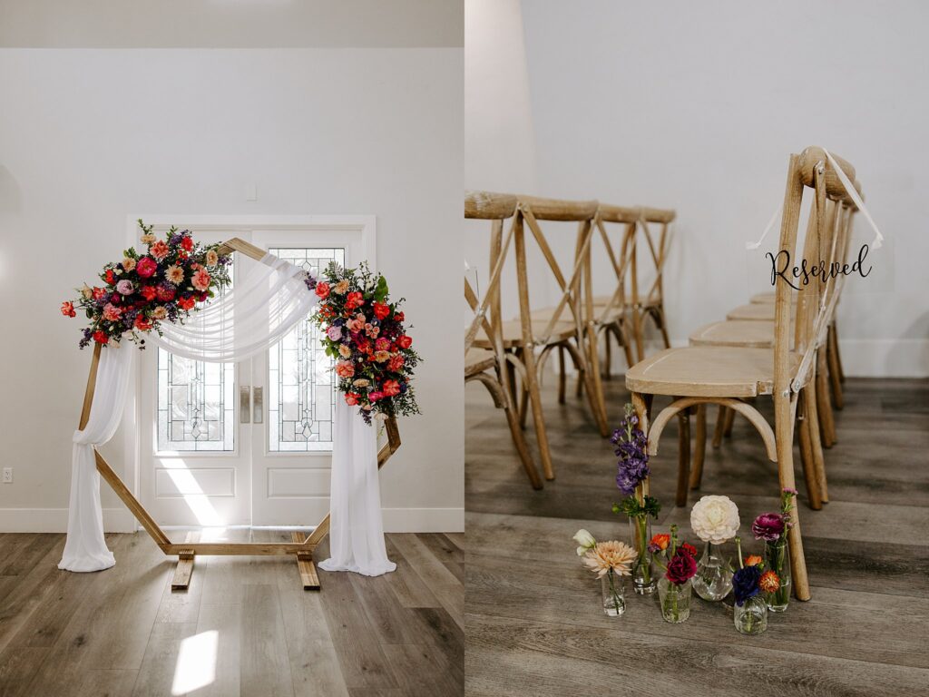 geometric arch decorated with bright florals and white drapery by Las Vegas wedding photographer