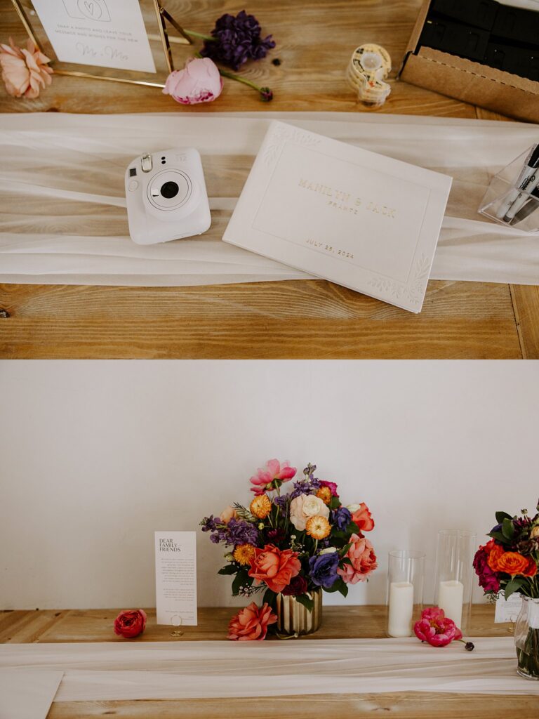 guestbook with instant camera and floral arrangement sit out by Katelyn Faye Photography