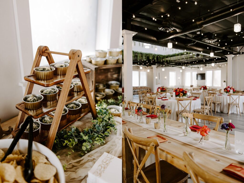 reception tables decorated with bright florals at colorful ceremony at Adorn