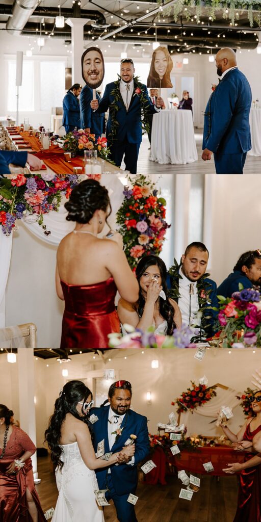 man holds large cutouts of bride and groom's faces at colorful ceremony at Adorn