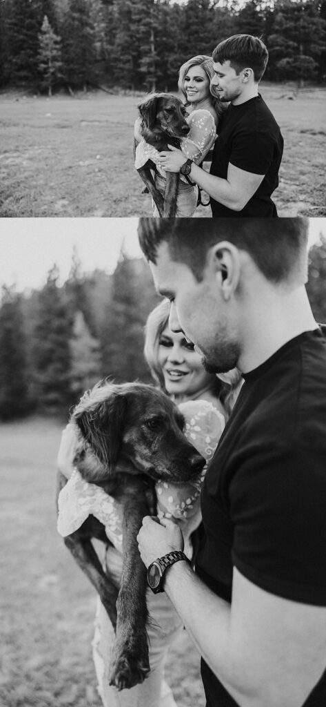 woman holds dog while man looks at them during Fremont Street engagement session 