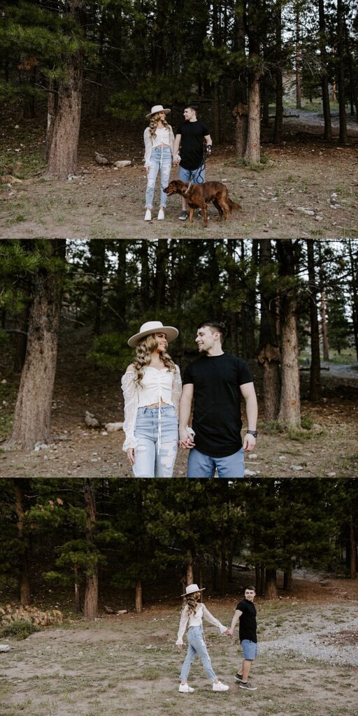 couple holds hands looking at each other in forest by Las Vegas wedding photographer