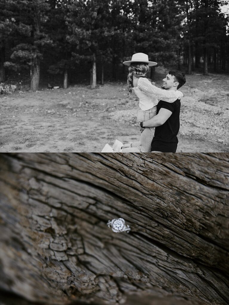 man lifts his fiancé as she wraps her arms around his neck by Katelyn Faye Photography