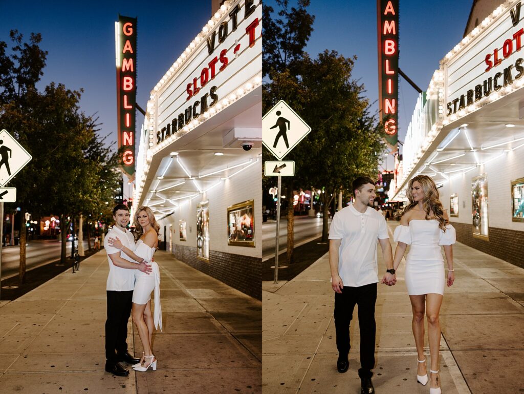 man and woman hold hands walking down the street by Las Vegas wedding photographer