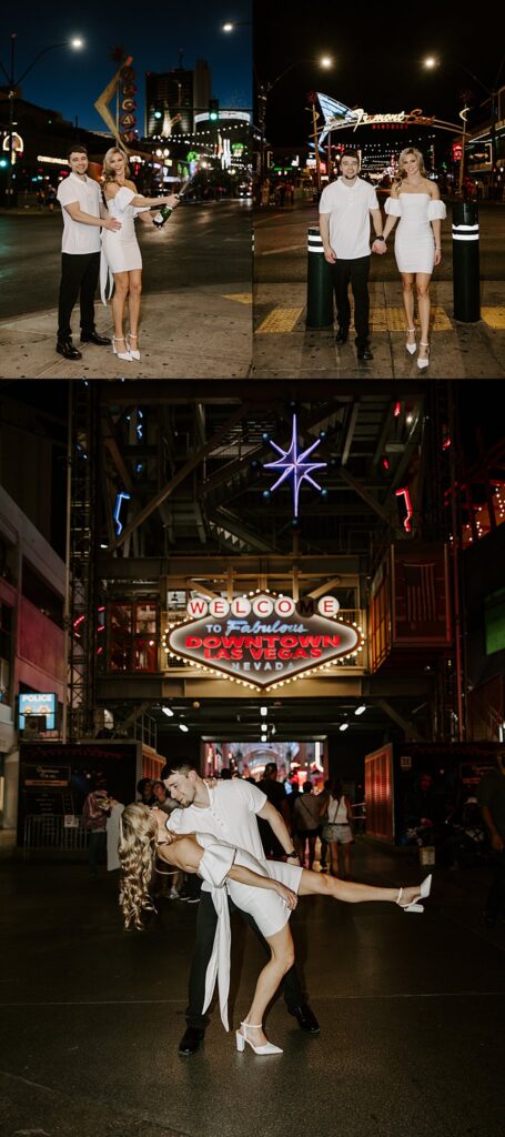 bride to be is dipped in front of Vegas sign by Las Vegas wedding photographer