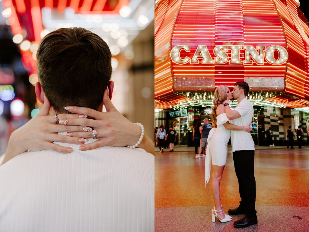 engaged couple kiss in front of lit up casino sign by Katelyn Faye Photography