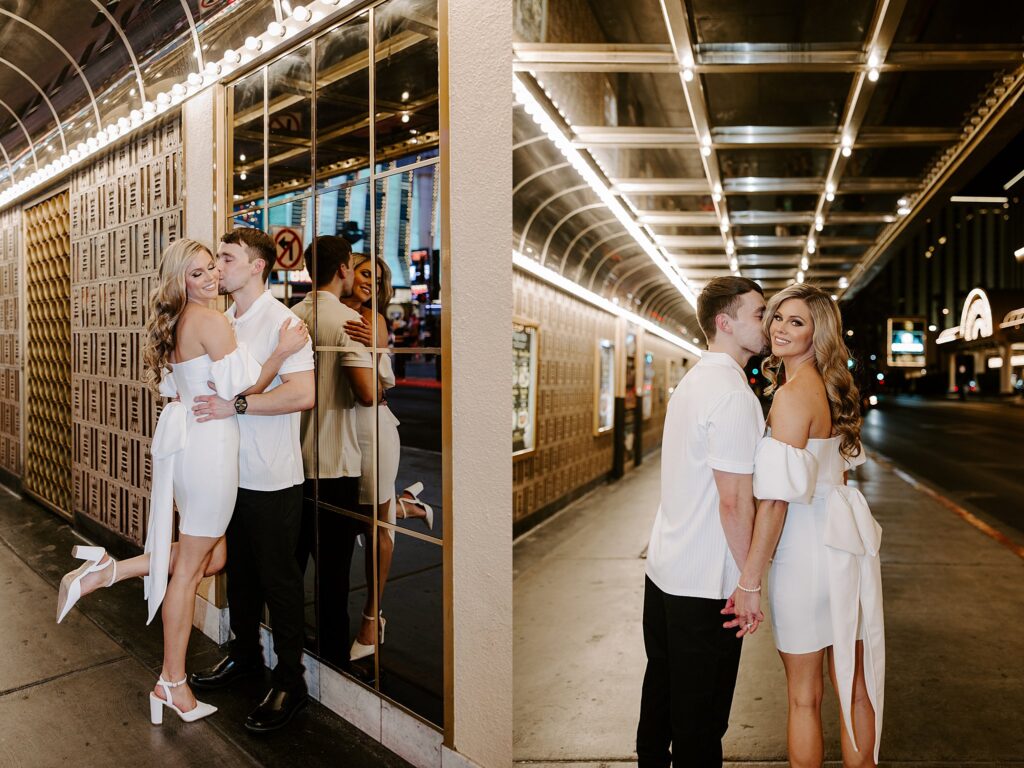 groom-to-be kisses bride on cheek by Las Vegas wedding photographer