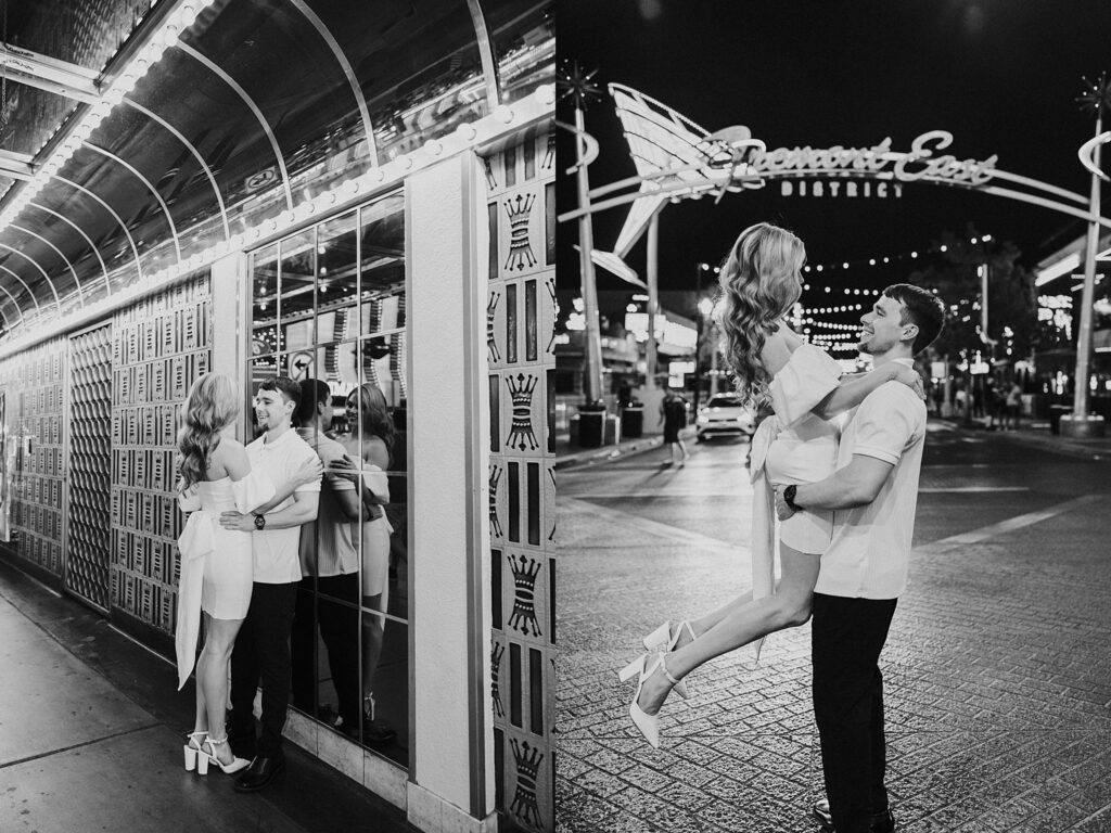 man lifts bride-to-be as they look at each other by Katelyn Faye Photography