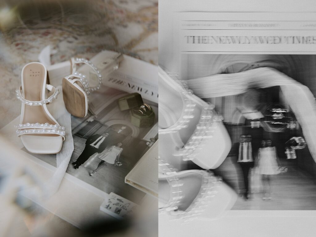 heels and wedding rings sit on newspaper program by Katelyn Faye Photography