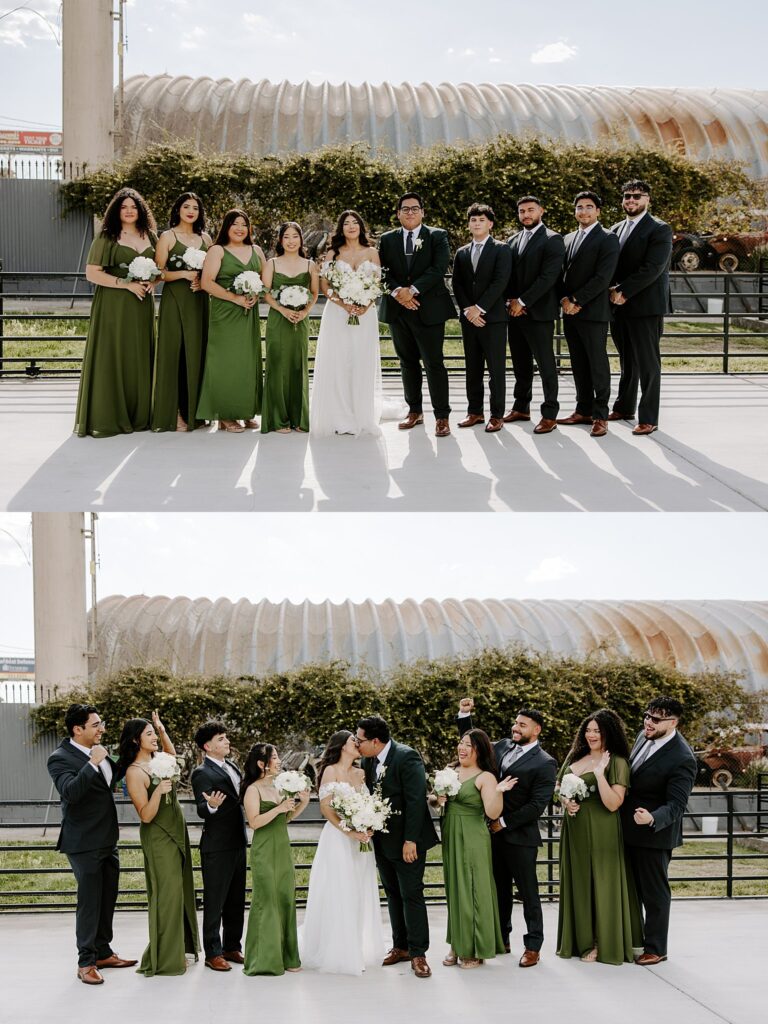 wedding party stands around bride and groom by Katelyn Faye Photography