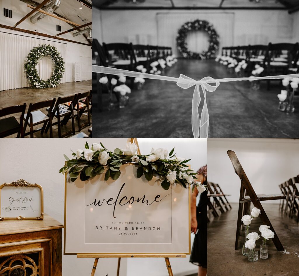 ceremony details of signs and florals by Las Vegas Wedding Photographer