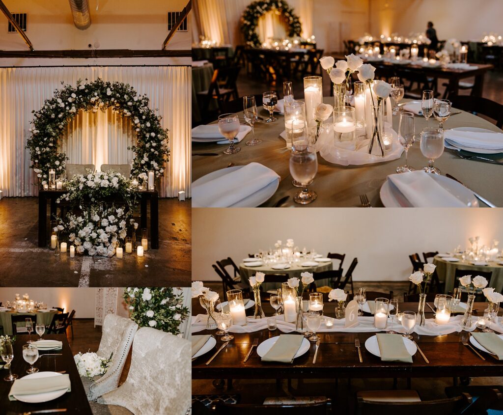 tables at wedding reception at The Doyle are decorated with candles and white florals