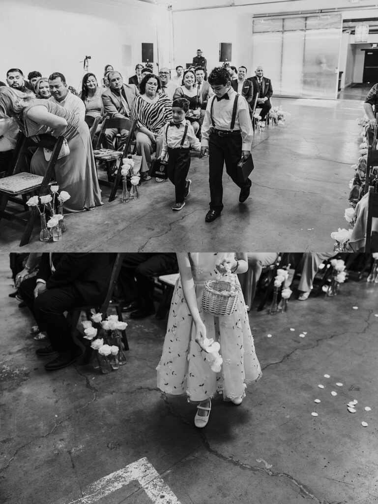 ringbearers and flower girl walk down aisle at The Doyle