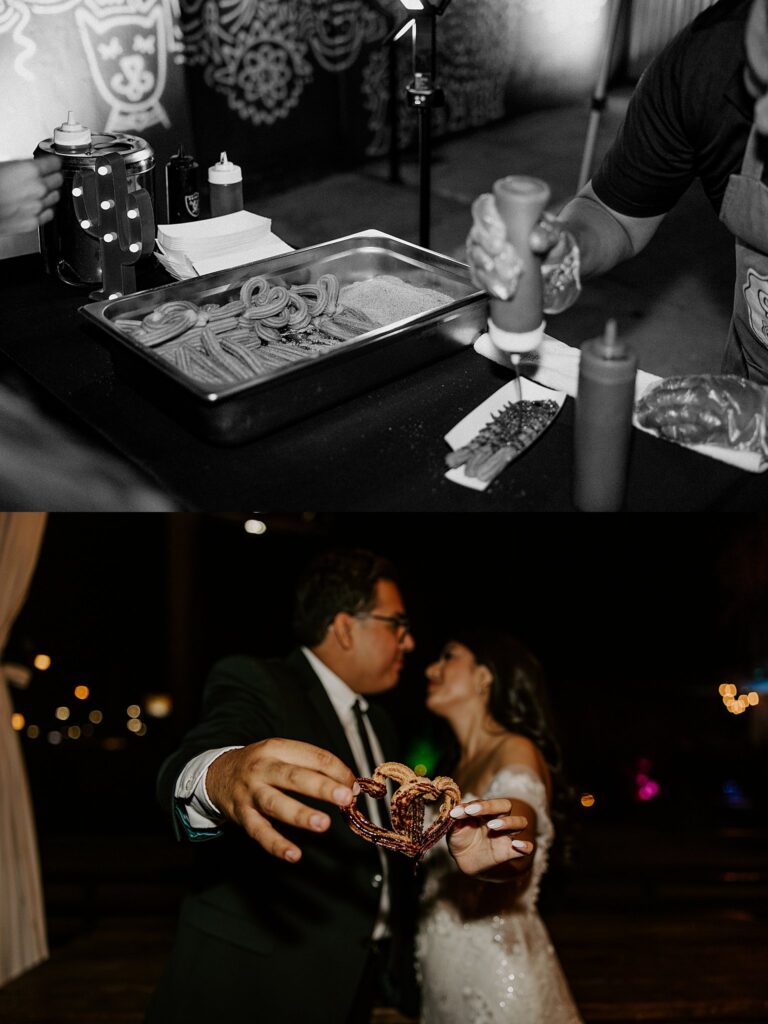 man and woman hold heart-shaped churros by Las Vegas Wedding Photographer