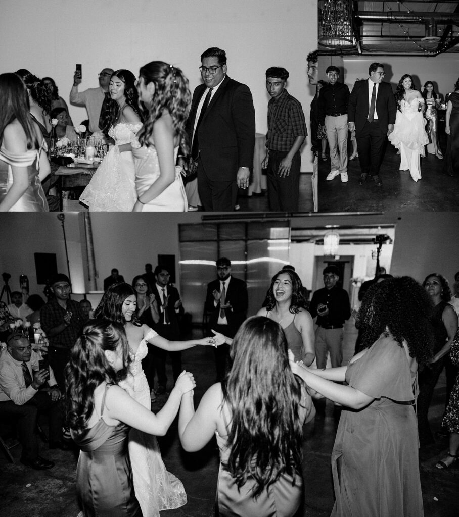 guests dance together with bride and groom by Katelyn Faye Photography