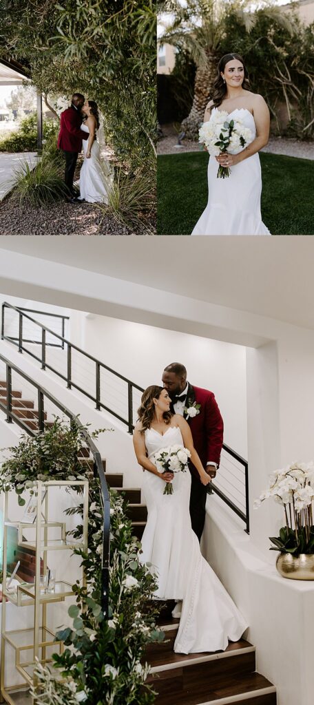 man kisses woman on forehead on steps by Las Vegas wedding photographer