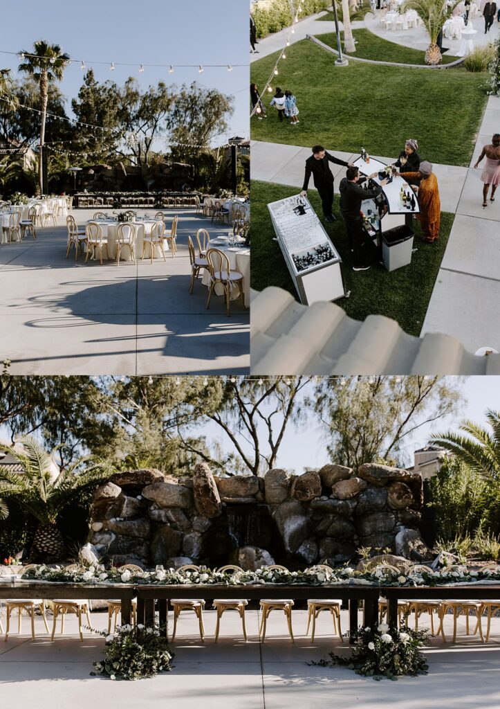 head table sits in front of rock fountain by Katelyn Faye Photography