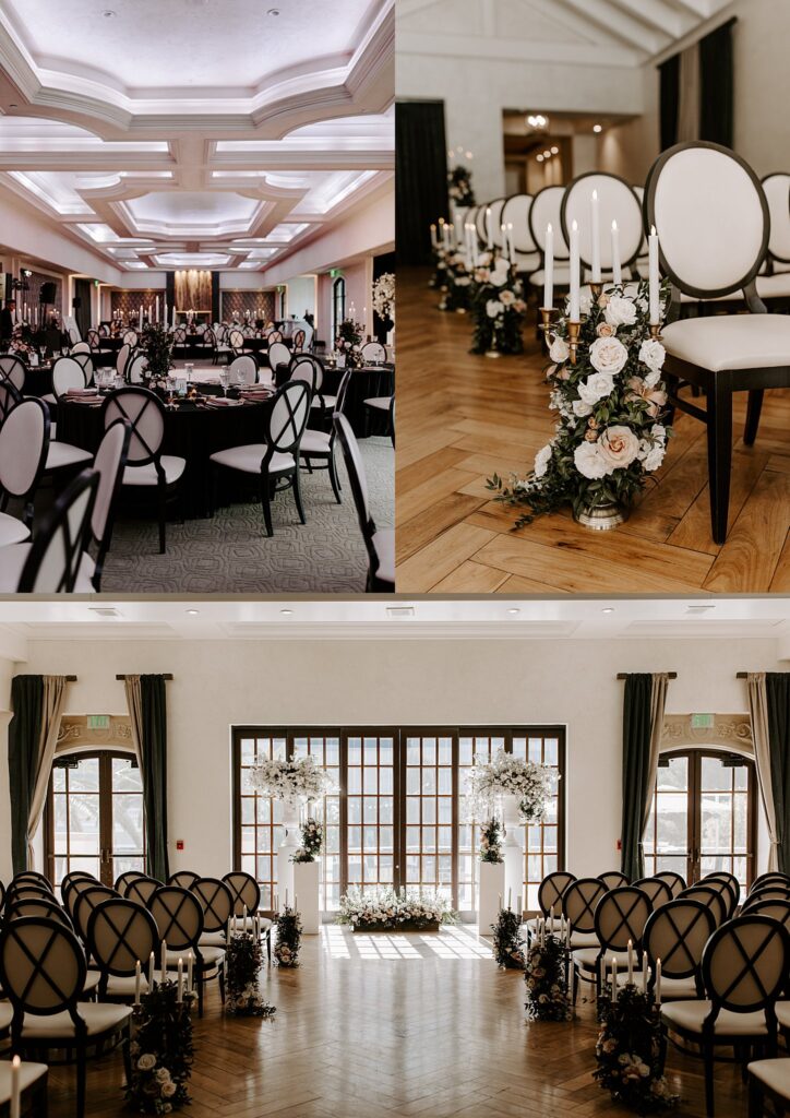 candelabras decorated with neutral colored flowers sit by each row before ceremony by Katelyn Faye Photography