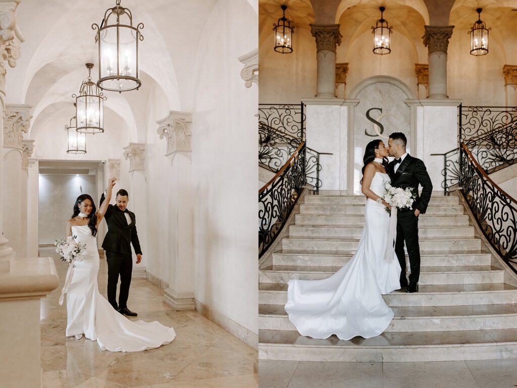 man and woman kiss on grand entrance steps by Las Vegas wedding photographer