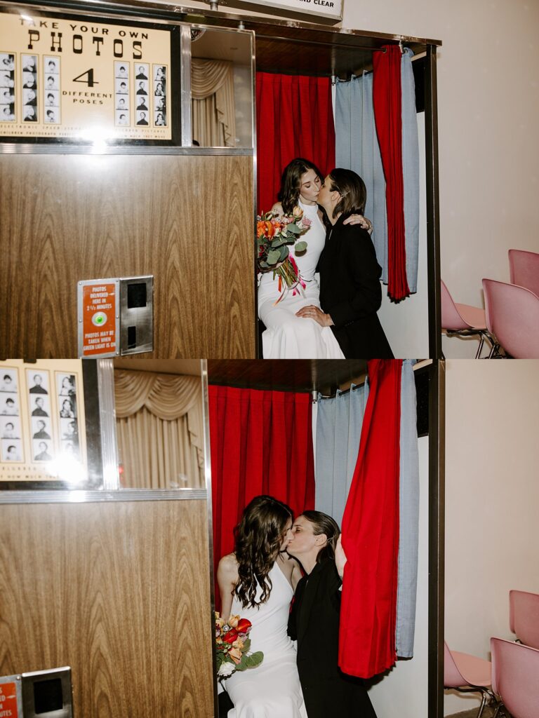 women kiss in photobooth after Sure Thing Chapel wedding