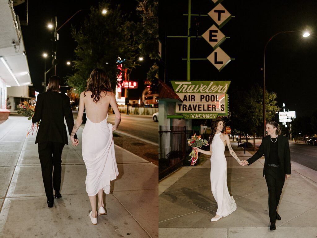 newlyweds hold hands as they walk outside their wedding venue by  Katelyn Faye Photography