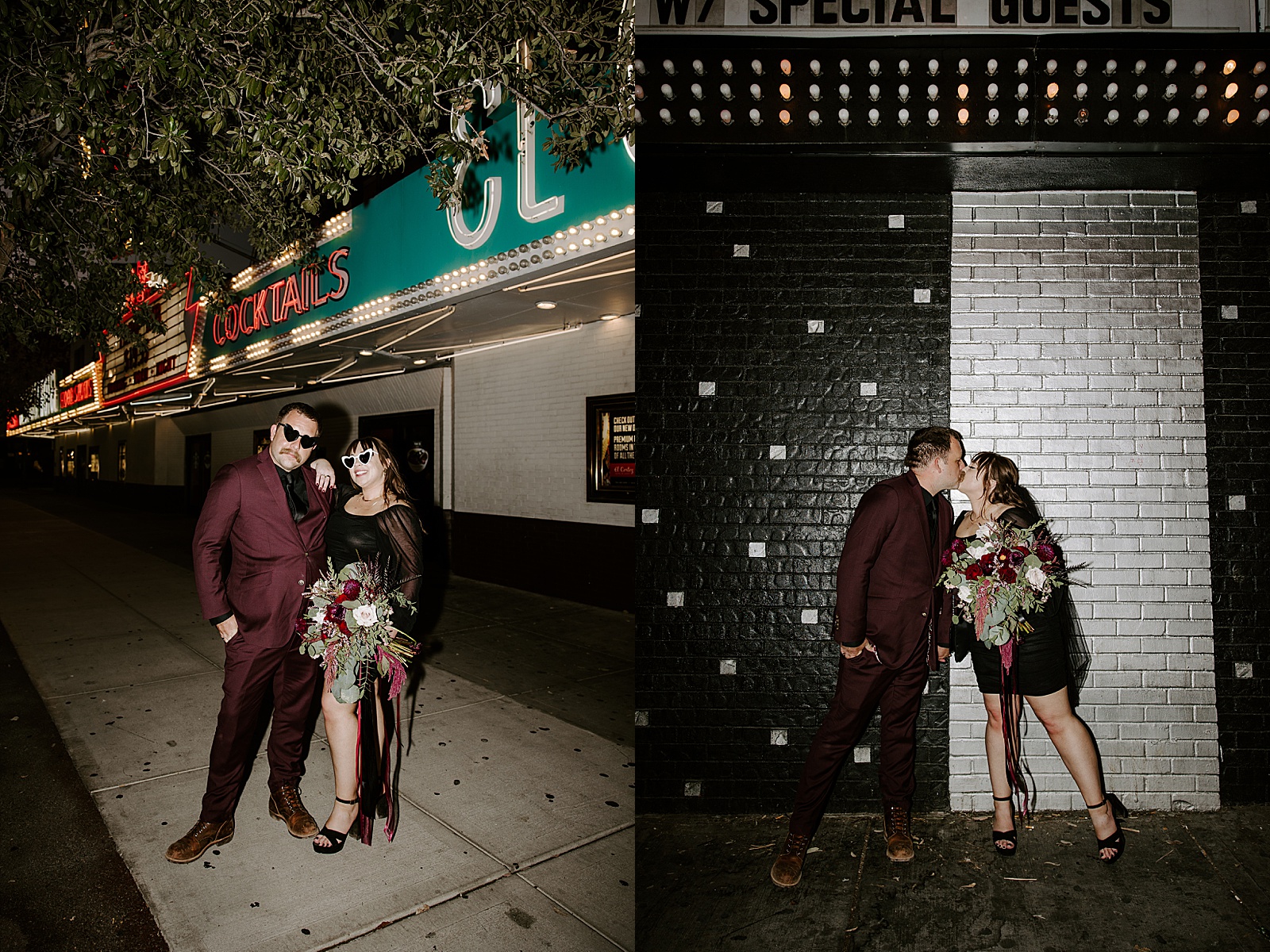 man and woman under glowing lights with sunglasses by Katelyn Faye Photography 