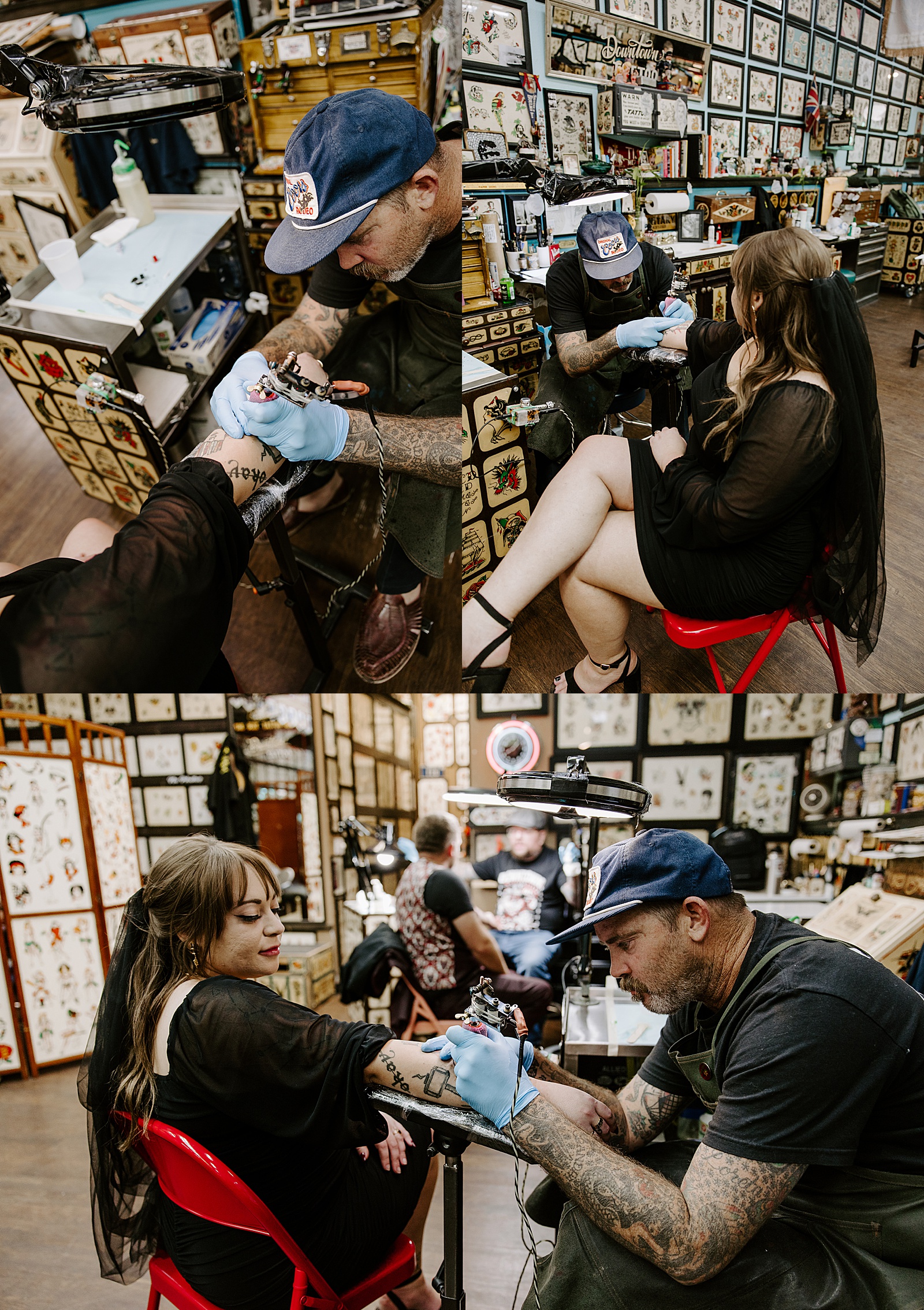 bride wearing a black veil gets a flash tattoo by Katelyn Faye Photography 