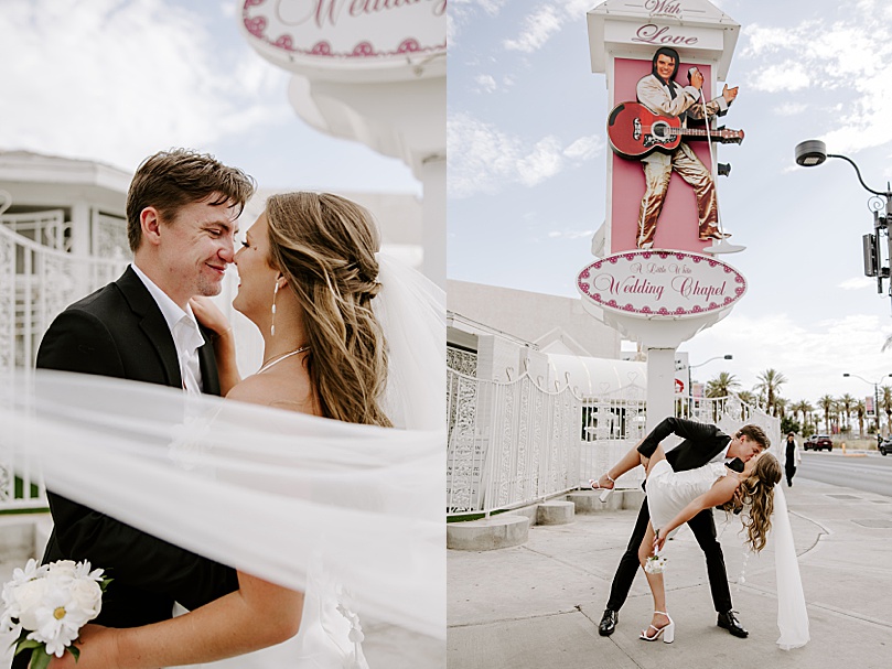 couple dips for a kiss in Vegas elopement guide