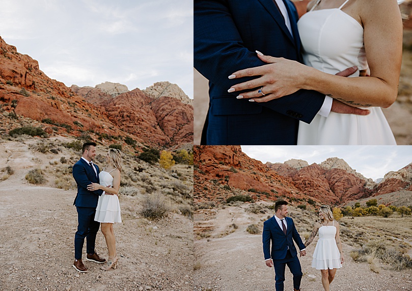 newlyweds hug near red rocks for Vegas elopement guide