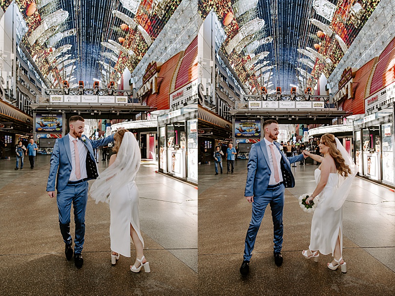 man spins woman hotel for their Post-Elopement Couples Shoot