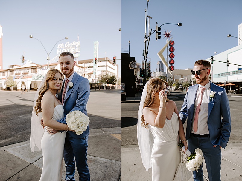 newlyweds wear heart shaped sunglasses together by Las Vegas wedding photographer