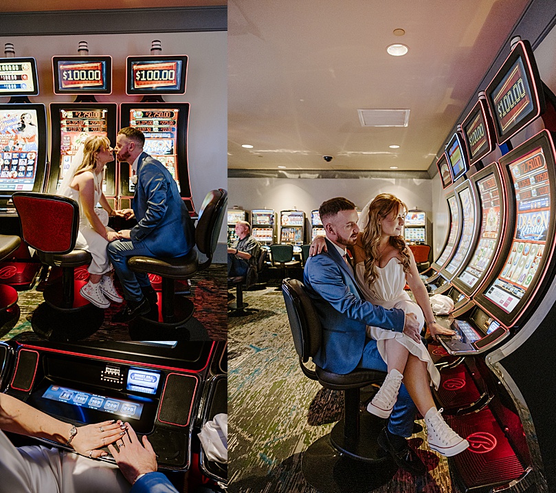 couple sits at slot machines for Post-Elopement Couples Shoot