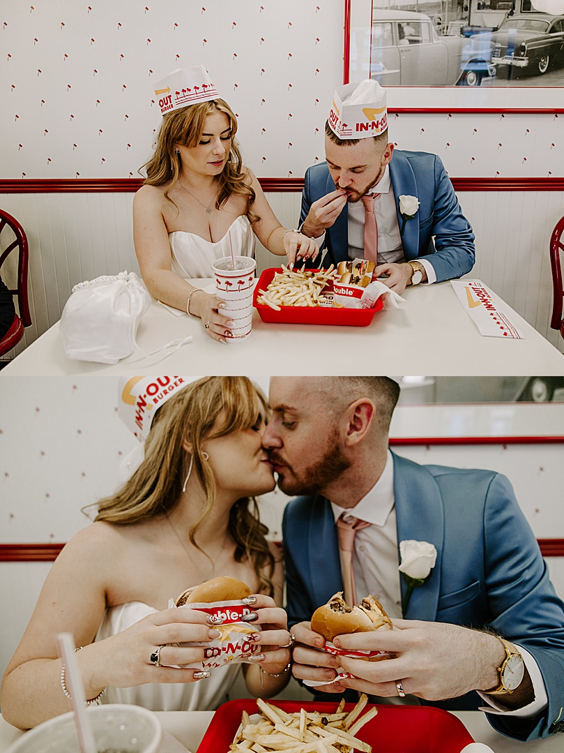 husband and wife eat burgers and fries together by Katelyn Faye Photo