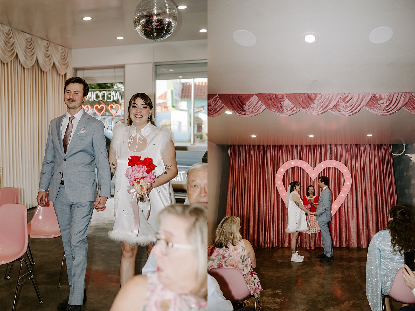 bride and groom walk down aisle for retro inspired elopement