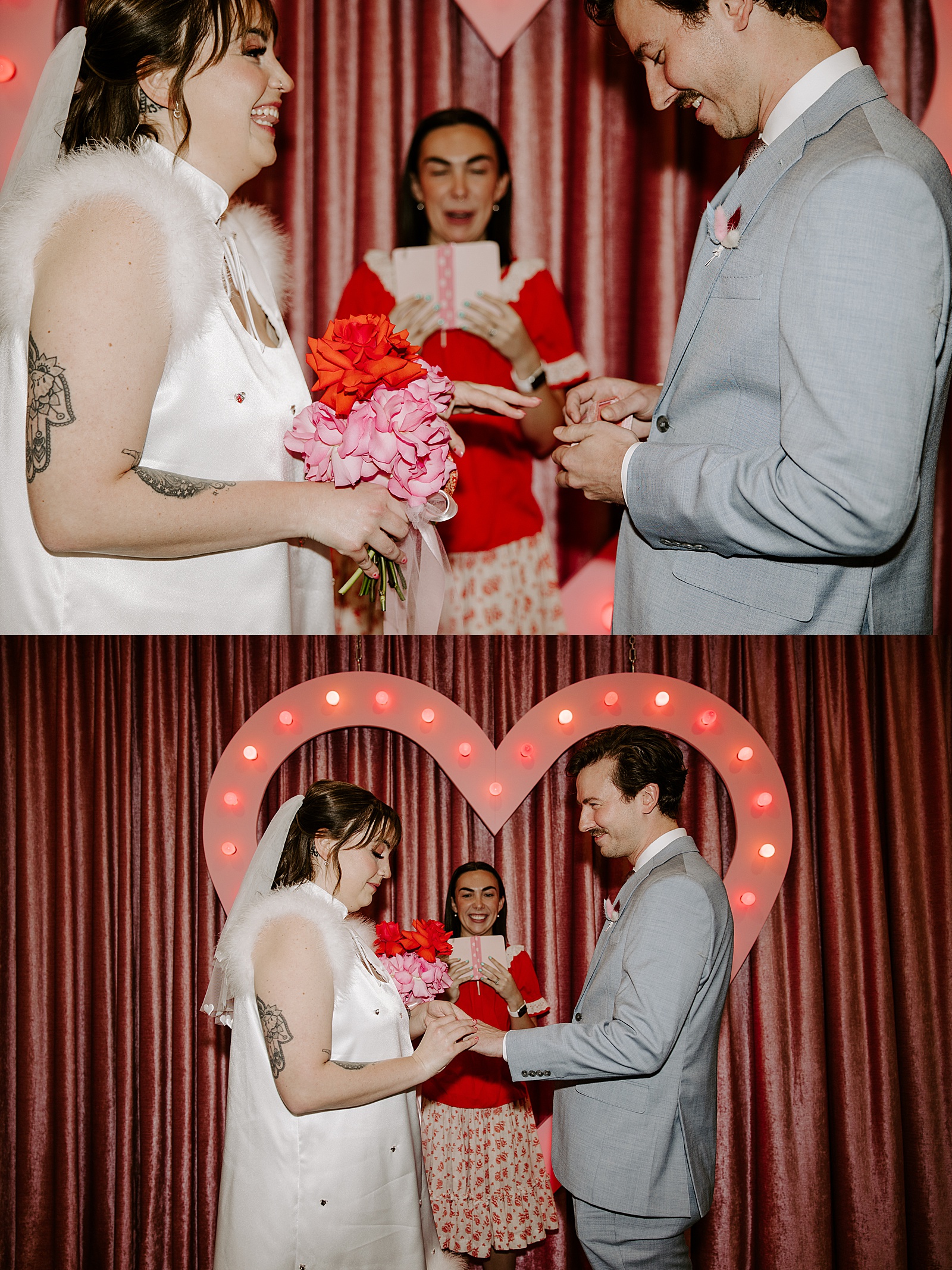 bride and groom exchange rings at pink alter by Las Vegas Wedding Photographer