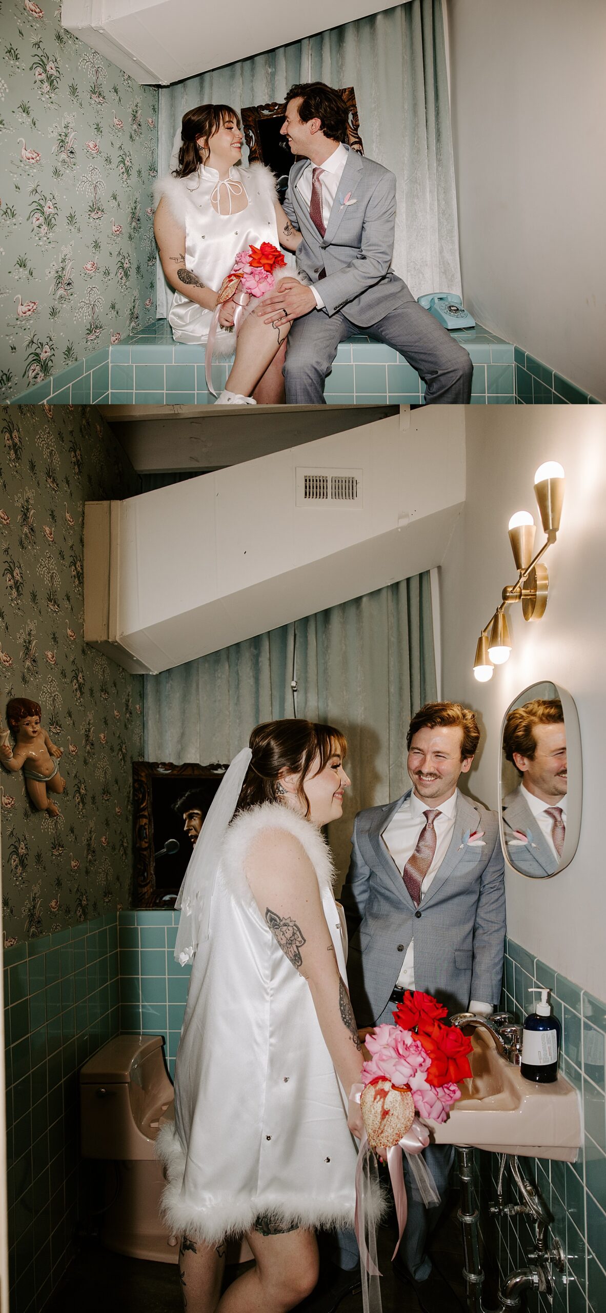 newlyweds sit on bathroom counter for retro inspired elopement